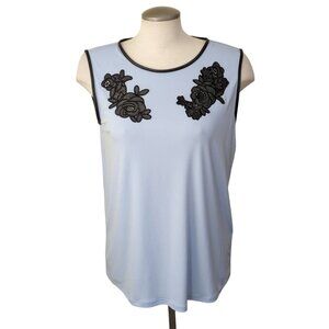 Karl Lagerfeld Women Sleeveless Top M Icy Blue Floral Appliqué Faux Leather Trim